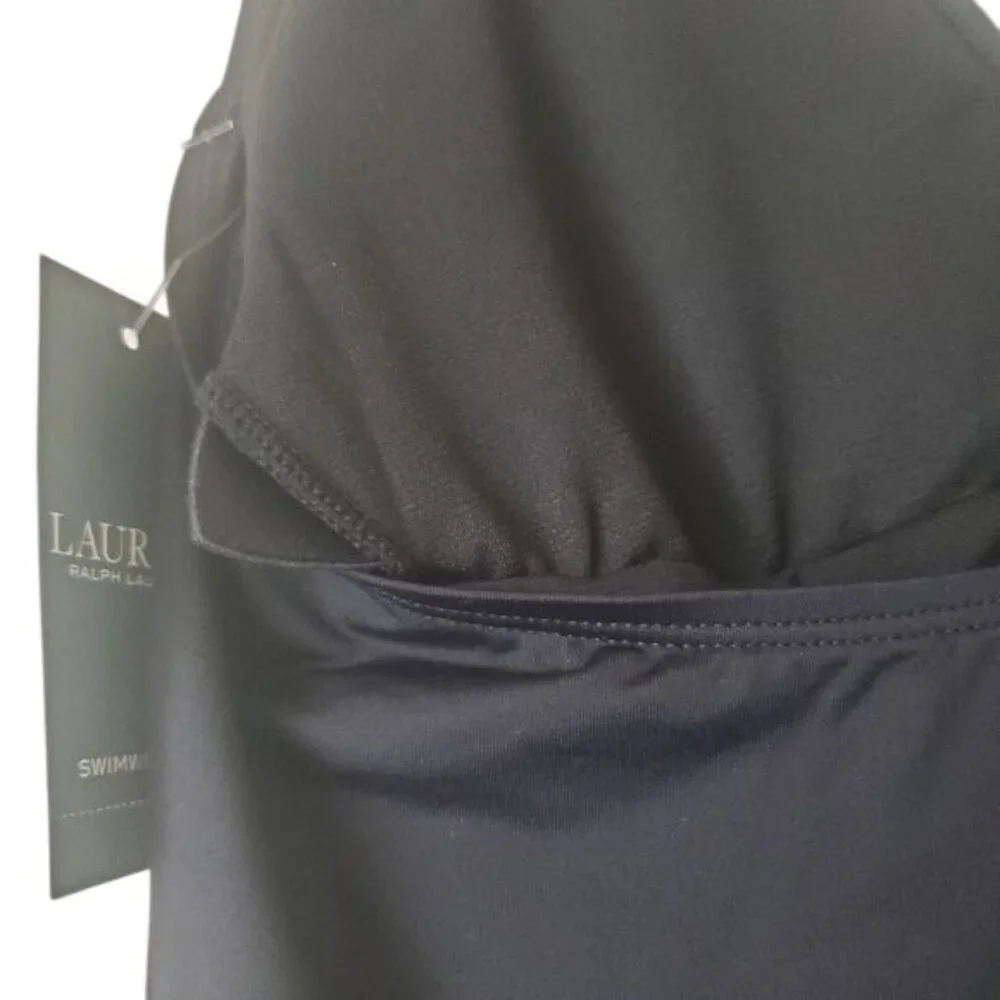 Lauren‎ Ralph Lauren Black Halter Tankini Top Front Tie Back Swimwear Size 12